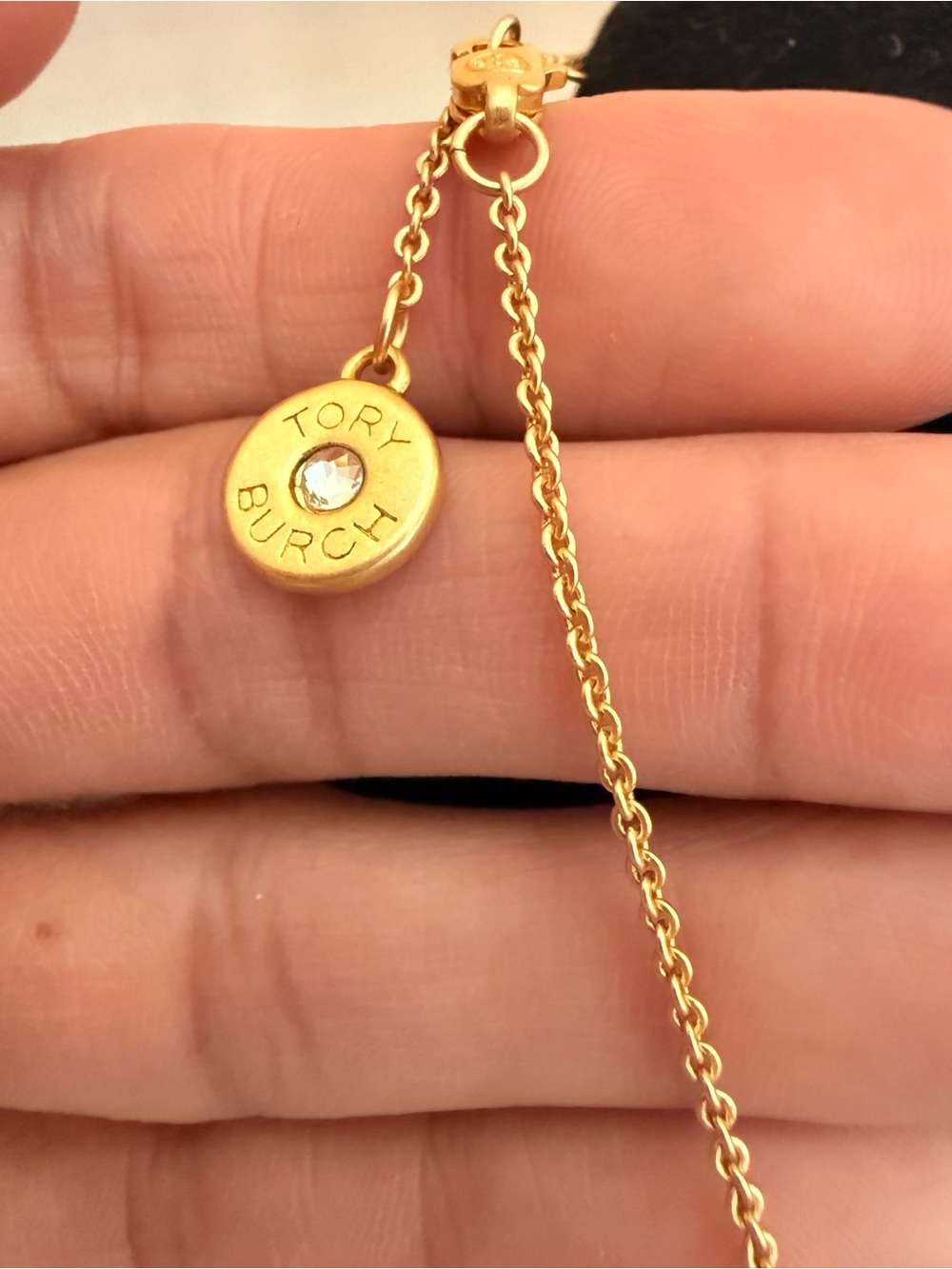 Tory Burch Gold-Tone Mother-of-Pearl Logo Pendant Necklace - Picture 3 of 6
